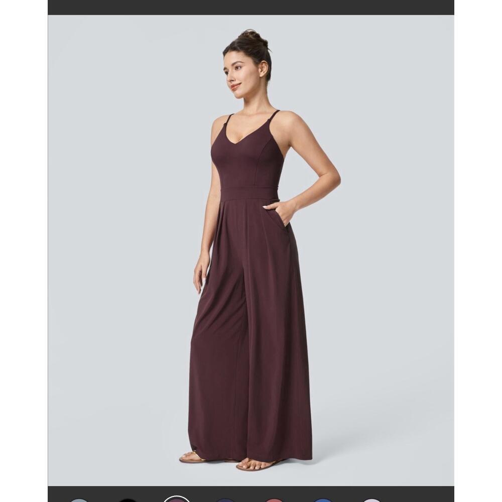 Halara M Petite Burgundy Breezeful Jumpsuit Spaghetti Straps Quick Dry Zip Side - Picture 3 of 10